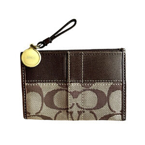 COACH Khaki Brown Signature Top Zip Gold Coin Logo Pouch Skinny ID Change Purse